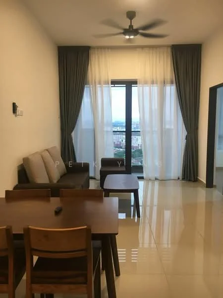 Living features: 3-seater fabric sofa in beige, coffee table, dining table with 4 wooden chairs, floor-to-ceiling windows, sheer curtains, dark grey curtains, ceiling fan, glossy tile flooring, white painted walls, wall-mounted TV, decorative wall panel; style: modern; view: city.