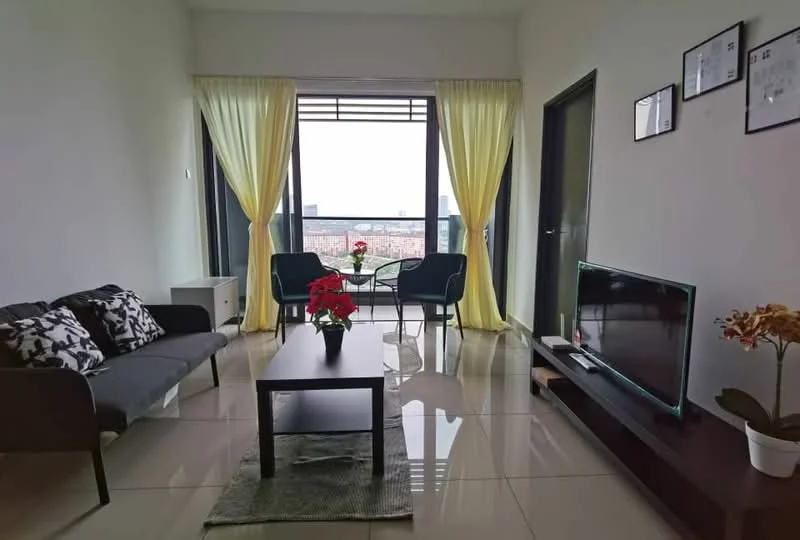 Living features: grey fabric sofa with black floral pattern, 2 blue armchairs, black coffee table, TV console with flat-screen TV, decorative plant on table, area rug, floor-to-ceiling windows, sheer yellow curtains, white painted walls, glossy tile flooring; style: modern; view: city.