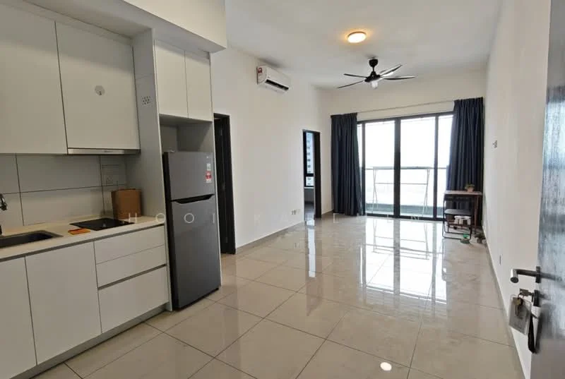 Kitchen features: white cabinetry, stainless-steel fridge, single-bowl stainless-steel sink, chrome pull-down faucet, ceramic tile flooring, recessed downlights, wall-mounted split AC, open shelving, countertop with space for appliances, window with sheer curtains; style: modern; view: city. Living features: floor-to-ceiling windows, sliding glass door, grey curtains, ceramic tile flooring, ceiling fan, wall-mounted TV, small bookshelf, area rug; style: modern; view: city.