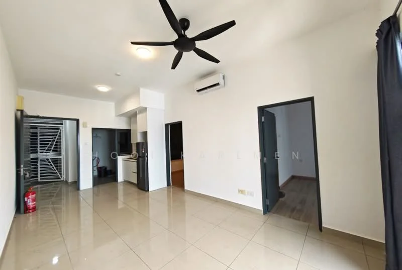 Living features: cream painted walls, polished ceramic tile flooring, 5-blade ceiling fan, wall-mounted split AC, floor-to-ceiling windows, blackout curtains, recessed downlights, open layout, fire extinguisher, door leading to kitchen, door leading to hallway; style: modern.