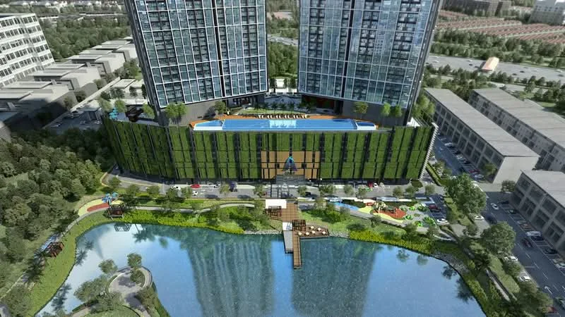 Exterior type: high-rise condominium; features: glass curtain wall, infinity pool, landscaped garden, children's playground, manicured lawn, water feature, surrounded by mature greenery, outdoor seating area, pool deck with loungers, multi-storey car park; style: modern.