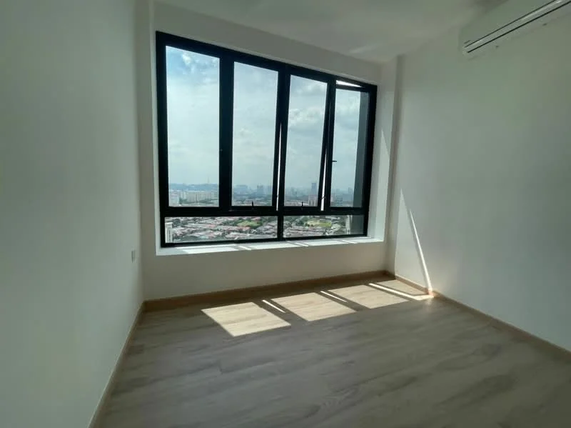 Room features: large floor-to-ceiling windows, white painted walls, light wood flooring, air conditioning unit, city skyline view, natural light from windows; style: modern; view: city.