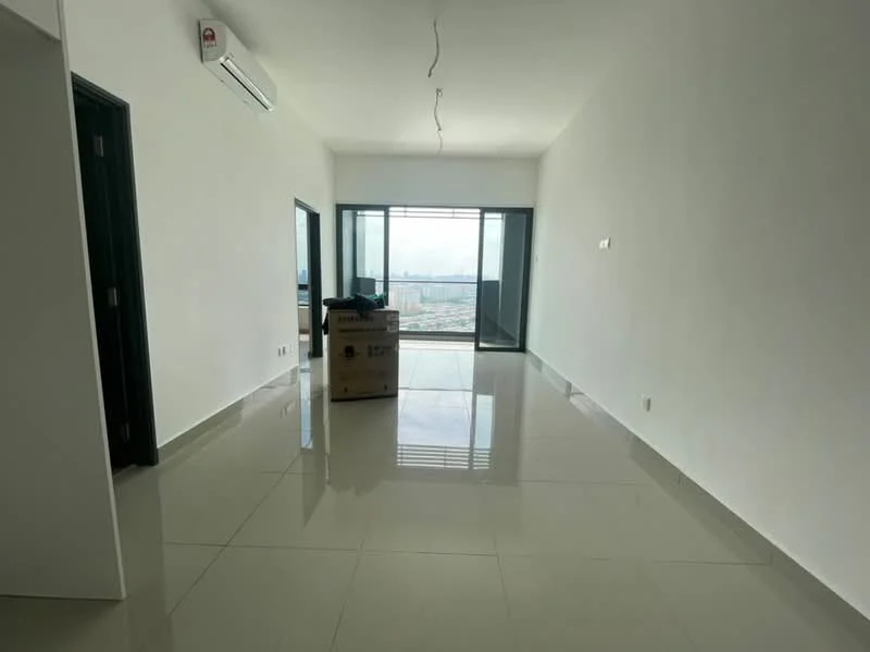 Living features: white painted walls, glossy ceramic tile flooring, floor-to-ceiling windows, sliding glass door, 1 wall-mounted split AC, natural light from large window, minimalist decor, open layout; style: modern; view: city.