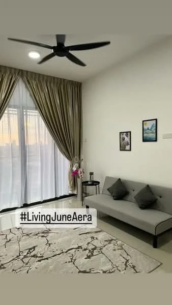 Living features: grey fabric sofa, area rug with marble pattern, floor-to-ceiling windows, sheer curtains, 5-blade ceiling fan with light, decorative wall art, side table, decorative plant, neutral painted walls; style: modern; view: city.