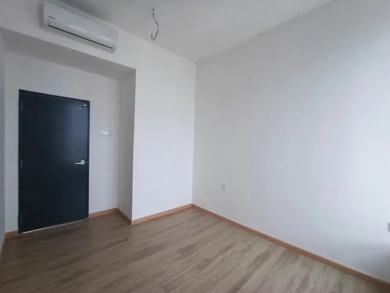Room features: light wood laminate flooring, white painted walls, black door, wall-mounted split AC, no visible furniture or decor; style: minimalist.
