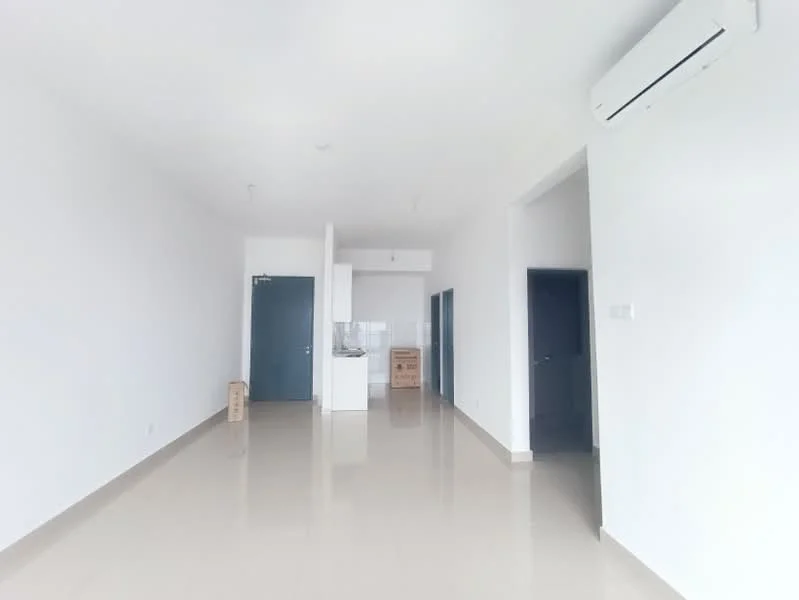 Room features: white painted walls, polished tile flooring, 1 wall-mounted split AC, open layout, kitchen area visible in background, blue doors, no visible furniture or decor; style: minimalist.