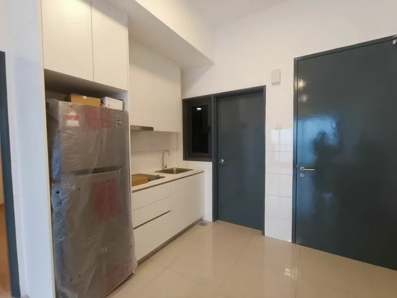 Kitchen features: white cabinetry, stainless-steel fridge, single-bowl stainless-steel sink, chrome pull-down faucet, white tiled backsplash, grey countertop, built-in oven, ceramic tile flooring, recessed downlights, window with black frame, door to adjacent room; style: modern.