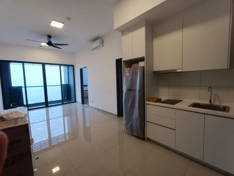 Kitchen features: white cabinetry, stainless-steel sink, chrome pull-down faucet, countertop with white surface, built-in oven, freestanding refrigerator, tile backsplash, marble tile flooring, recessed downlights, wall-mounted split AC; style: modern; view: city. Living features: floor-to-ceiling windows, sliding glass door, ceiling fan, marble tile flooring; style: modern; view: city.
