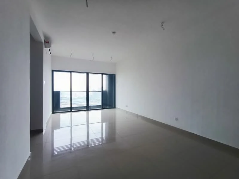 Living features: white painted walls, polished ceramic tile flooring, floor-to-ceiling windows, sliding glass door, recessed downlights, 1 wall-mounted split AC; style: modern; view: city.