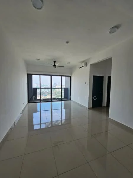 Living features: white painted walls, glossy beige tile flooring, 5-blade ceiling fan, floor-to-ceiling windows, sliding glass door, city view, recessed downlights; style: modern; view: city.
