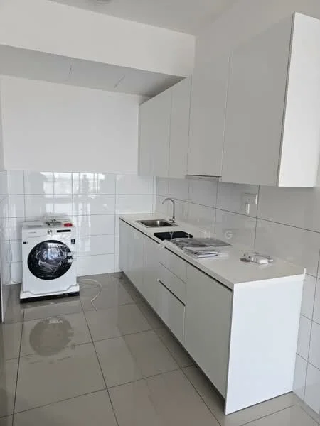 Kitchen features: white cabinetry, white countertop, single-bowl stainless-steel sink, chrome pull-down faucet, built-in oven, 4-burner gas hob, white tiled backsplash, grey ceramic tile flooring, front-load washing machine; style: modern.