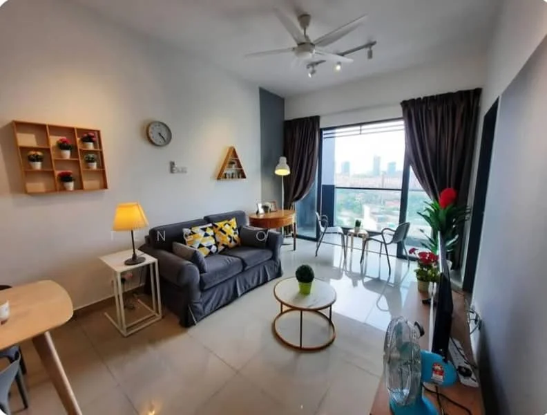 Living features: grey fabric sofa, decorative cushions with geometric pattern, round coffee table, wooden TV console, wall-mounted TV, floor-to-ceiling windows, curtains, ceiling fan with light, wall clock, shelving unit with decorative items, indoor plant, area rug; style: modern; view: city.