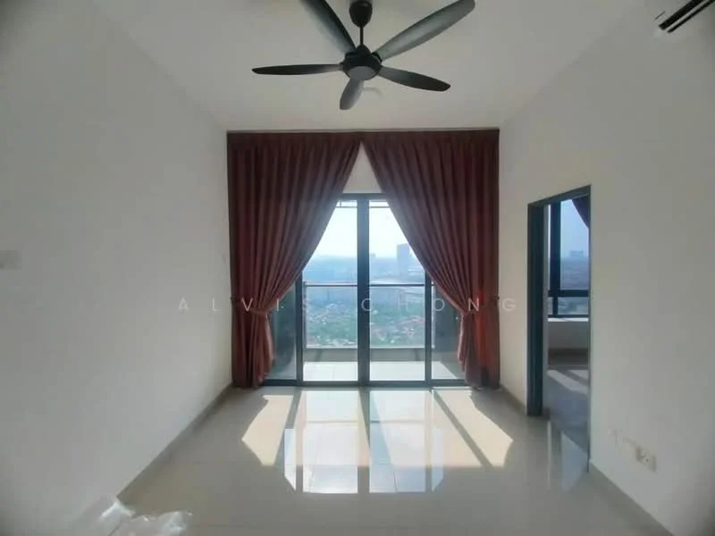 Living features: floor-to-ceiling windows, sliding glass door, 5-blade ceiling fan, white painted walls, glossy tile flooring, curtains in burgundy, city view, recessed downlights; style: modern; view: city.