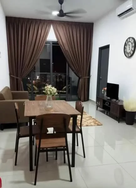 Living features: 3-seater fabric sofa in brown, wooden dining table for 4, 4 wooden dining chairs, floor-to-ceiling windows, sheer curtains, dark brown blackout curtains, wall-mounted TV, decorative wall clock, area rug with geometric pattern, 1 wall-mounted split AC, ceiling fan with light, light-colored tiled flooring, vase with flowers on table; style: modern; view: city.