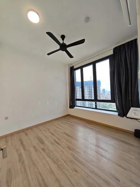 Room features: light wood laminate flooring, white painted walls, black ceiling fan, floor-to-ceiling windows, blackout curtains, city skyline view, recessed ceiling lights; style: modern; view: city.