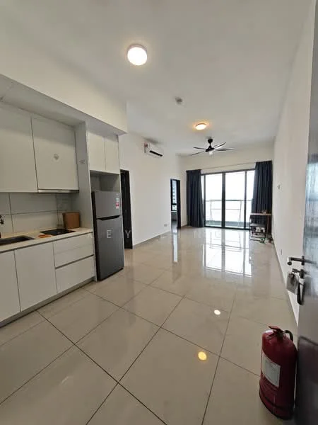Kitchen features: white cabinetry, stainless-steel fridge, ceramic tile flooring, single-bowl stainless-steel sink, chrome pull-down faucet, white backsplash, built-in oven, 4-burner gas hob; style: modern. Living features: large sliding glass door, floor-to-ceiling windows, grey curtains, ceiling fan, recessed downlights, marble tile flooring, open layout, fire extinguisher; style: modern.
