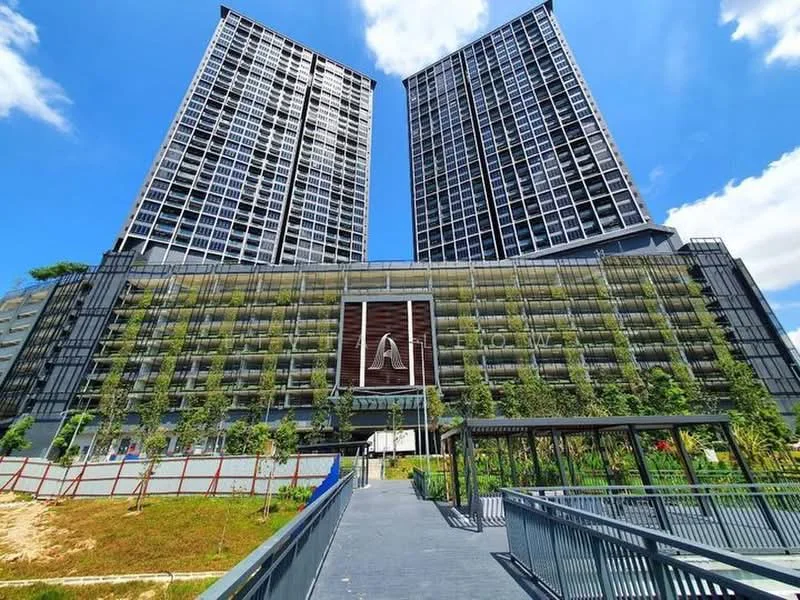 Exterior type: high-rise condominium; features: glass curtain wall, exposed concrete facade, recessed balconies, vertical fins, landscaped garden, manicured lawn, mature trees, stone-paved walkway; style: modern.