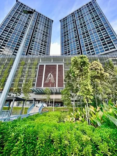 Exterior type: high-rise condominium; features: glass curtain wall, wood paneling on facade, landscaped garden with greenery, mature trees, manicured lawn, staircase leading to entrance, outdoor seating area, large windows, modern architectural design; style: modern.