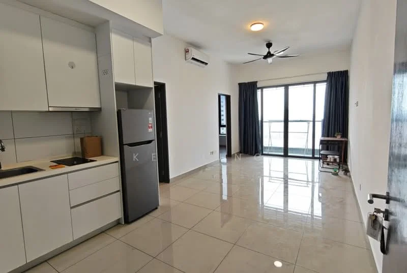Kitchen features: white cabinetry, stainless-steel fridge, single-bowl stainless-steel sink, chrome pull-down faucet, ceramic tile backsplash, built-in oven, 4-burner gas hob, marble countertop; style: modern. Living features: large floor-to-ceiling windows, sliding glass door, grey curtains, recessed downlights, 5-blade ceiling fan, polished ceramic tile flooring, wall-mounted air conditioning unit; style: modern.