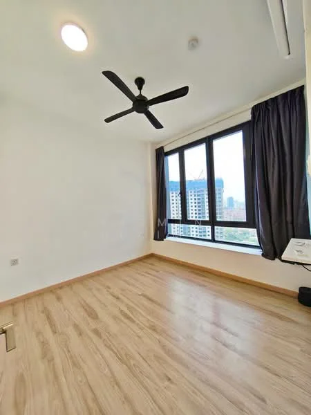 Room features: light wood laminate flooring, white painted walls, 5-blade ceiling fan, floor-to-ceiling windows, blackout curtains, city view, window sill, light fixture in ceiling; style: modern; view: city.