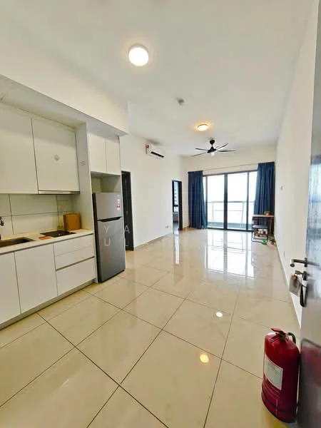 Kitchen features: white cabinetry, stainless-steel fridge, single-bowl stainless-steel sink, chrome pull-down faucet, ceramic tile backsplash, marble countertop, built-in oven, 4-burner gas hob; style: modern. Living features: large floor-to-ceiling windows, sliding glass door, 5-blade ceiling fan, recessed downlights, cream painted walls, polished ceramic tile flooring, curtains, fire extinguisher; style: modern.