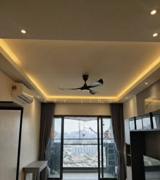 Living features: 5-blade ceiling fan with integrated LED light, recessed downlights, white painted walls, grey accent wall, floor-to-ceiling windows, sliding glass door, curtains, tile flooring, city skyline view; style: modern; view: city.