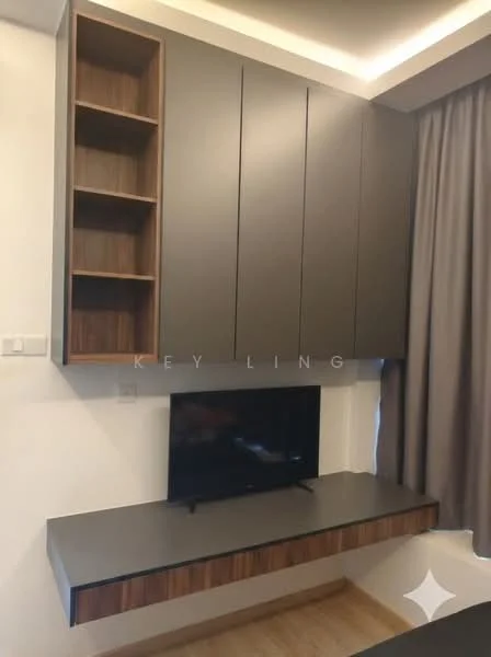 Room features: wall-mounted TV, floating console with storage, dark cabinetry with wood accents, open shelving, grey curtains, laminate flooring, recessed ceiling lights; style: modern.