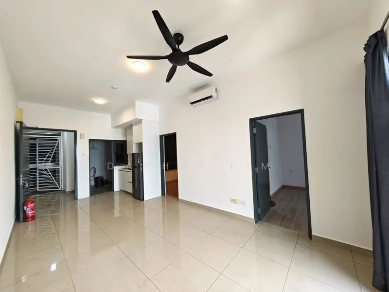 Living features: 5-blade ceiling fan in black, recessed downlights, cream painted walls, glossy tile flooring, floor-to-ceiling windows with black curtains, wall-mounted split AC, open layout, doorway leading to other rooms; style: modern.