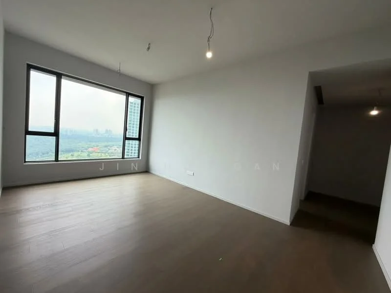 Living features: large floor-to-ceiling window, white painted walls, wooden flooring, recessed downlights, two visible light fixtures, open layout, city view, no visible furniture; style: modern; view: city. Room features: white painted walls, wooden flooring, doorway leading to another room.