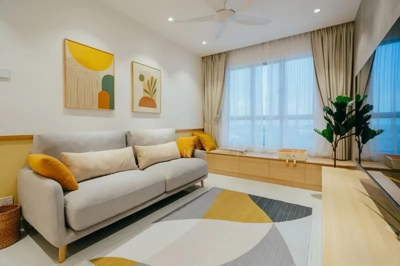 Living features: 3-seater fabric sofa in light grey, decorative cushions in mustard and beige, wooden TV console, wall-mounted flat-screen TV, area rug with geometric pattern in yellow, grey, and white, floor-to-ceiling windows with sheer curtains, light wood cabinetry, indoor plant in ceramic pot, wall art with abstract designs, ceiling fan with light, recessed downlights; style: modern; view: city.