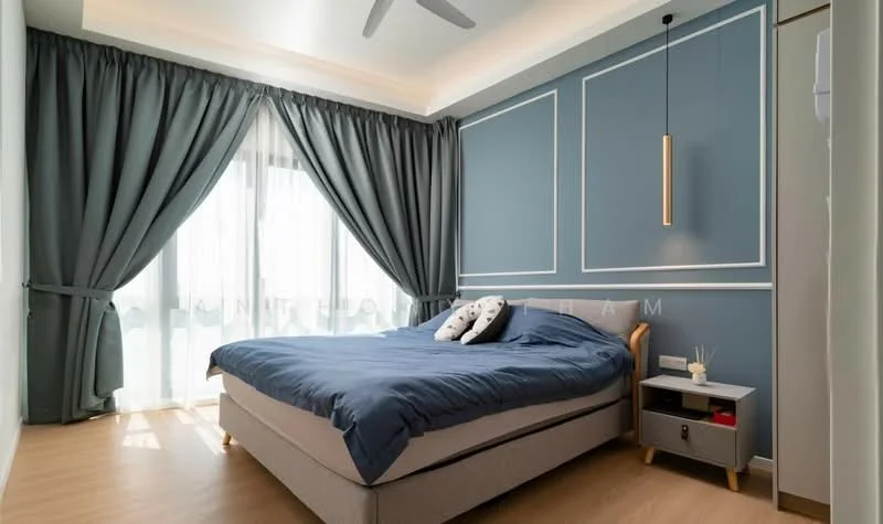 Bedroom features: king-size bed with blue bedding, upholstered headboard, two bedside tables, pendant light fixture, floor-to-ceiling windows, grey curtains, light wood flooring, recessed ceiling lights, decorative wall paneling, decorative pillows; style: modern.
