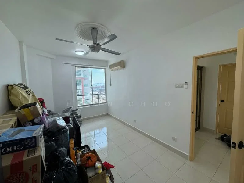 Room features: white painted walls, glossy tile flooring, 5-blade ceiling fan, floor-to-ceiling window, window with city view, air conditioning unit, light-colored door, storage boxes, black garbage bags, various items stacked; style: modern; view: city.