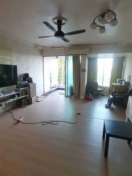 Living features: laminate flooring, 5-blade ceiling fan with light, wall-mounted TV, TV console, large sliding glass door, floor-to-ceiling windows, curtains, decorative ceiling light, open layout, area rug, coffee table, sofa, dining table, study desk; style: modern; view: garden.