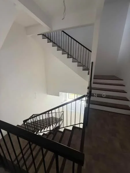Room features: staircase with black metal railing, wooden steps, white painted walls, high ceiling, natural light from windows, open space, landing area; style: modern.