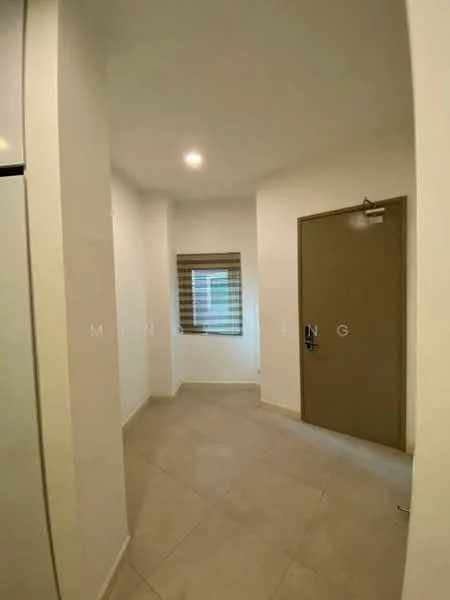 Room features: white painted walls, tile flooring, single window with blinds, brown door, ceiling light.