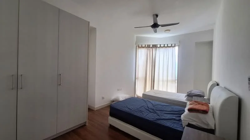 Bedroom features: wooden flooring, white painted walls, 5-blade ceiling fan, floor-to-ceiling windows with sheer curtains, built-in wardrobe with sliding doors, queen-size bed with upholstered headboard, mattress on bed frame, bedding and towels on bed; style: modern.