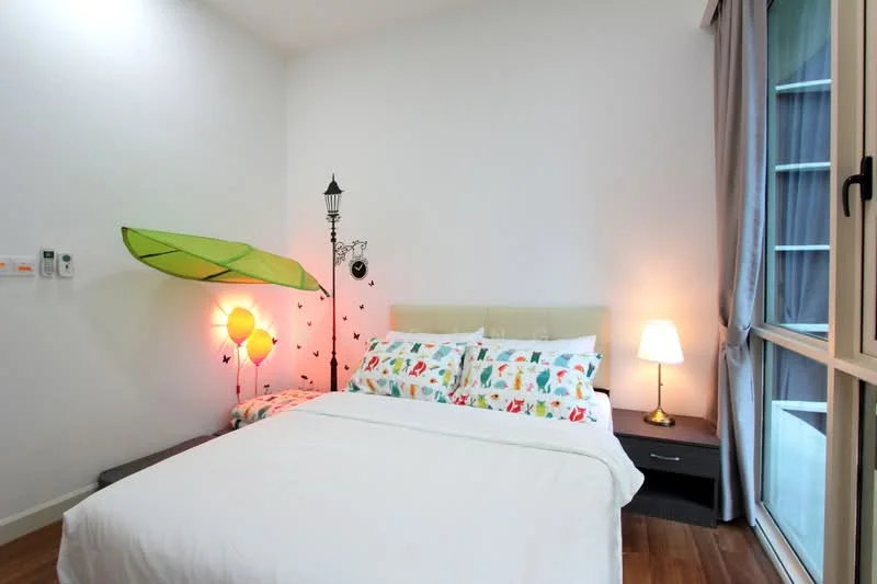 Bedroom features: queen-size bed with white bedding, colorful decorative pillows, wooden flooring, floor-to-ceiling window, sheer curtains, table lamp with gold base, nightstand, wall-mounted lamp, decorative wall art, green umbrella decoration; style: modern.