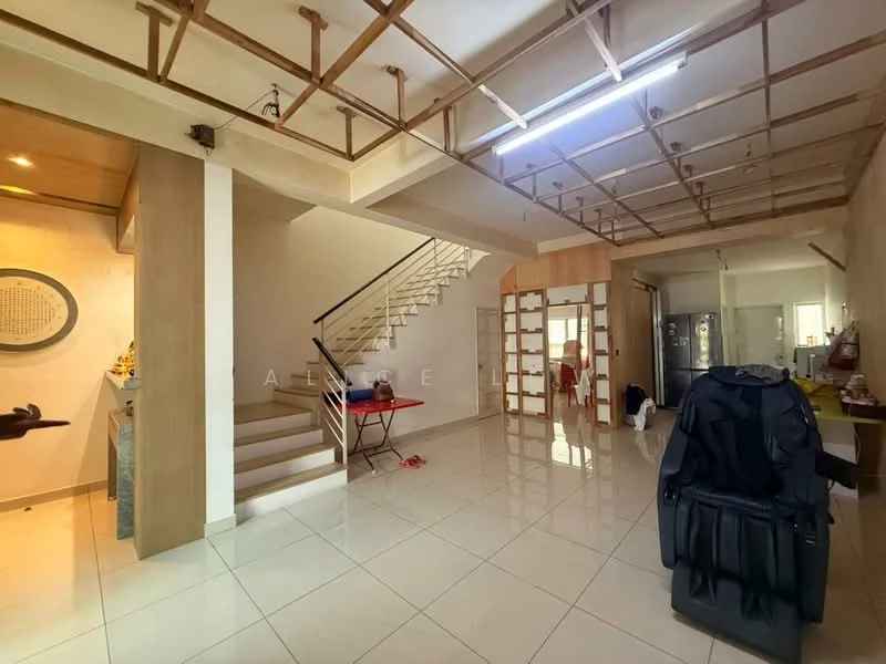Living features: white painted walls, glossy ceramic tile flooring, exposed ceiling beams, staircase with metal railing, large windows for natural light, recessed lighting, open layout, space for furniture arrangement; style: modern. Room features: white painted walls, glossy ceramic tile flooring, exposed ceiling beams, recessed lighting, space for furniture arrangement.