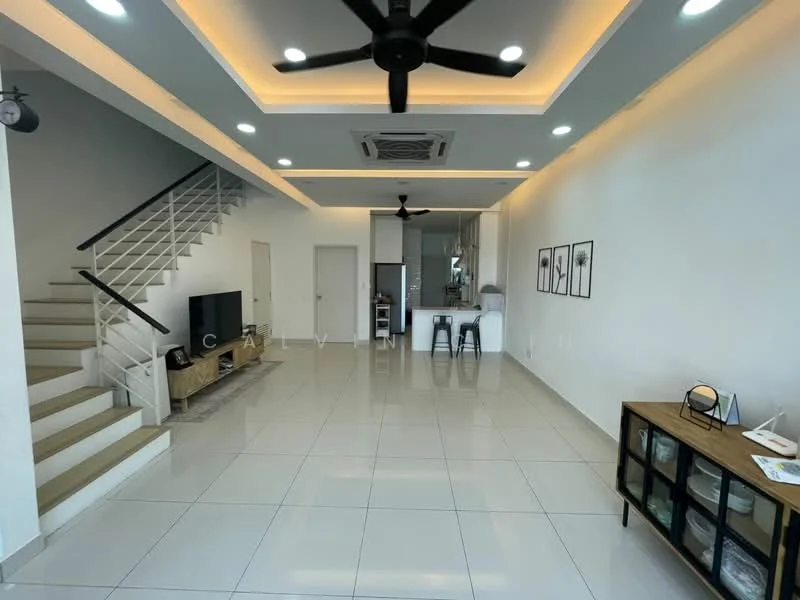 Living features: white painted walls, recessed ceiling with LED lighting, 5-blade ceiling fan with light, large floor tiles, TV console, wall-mounted TV, open layout to kitchen, staircase with white railing, decorative wall art, glass coffee table, side table, bar stools at kitchen counter; style: modern. Kitchen features: open kitchen layout, kitchen island with bar stools, white cabinetry, stainless-steel appliances, granite countertop, backsplash, recessed lighting; style: modern.