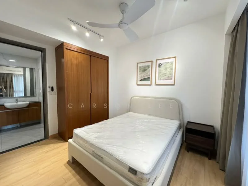 Bedroom features: queen-size bed, wooden wardrobe with sliding doors, bedside table, ceiling fan with light, laminate flooring, white painted walls, framed artwork on walls, window with curtains; style: modern.