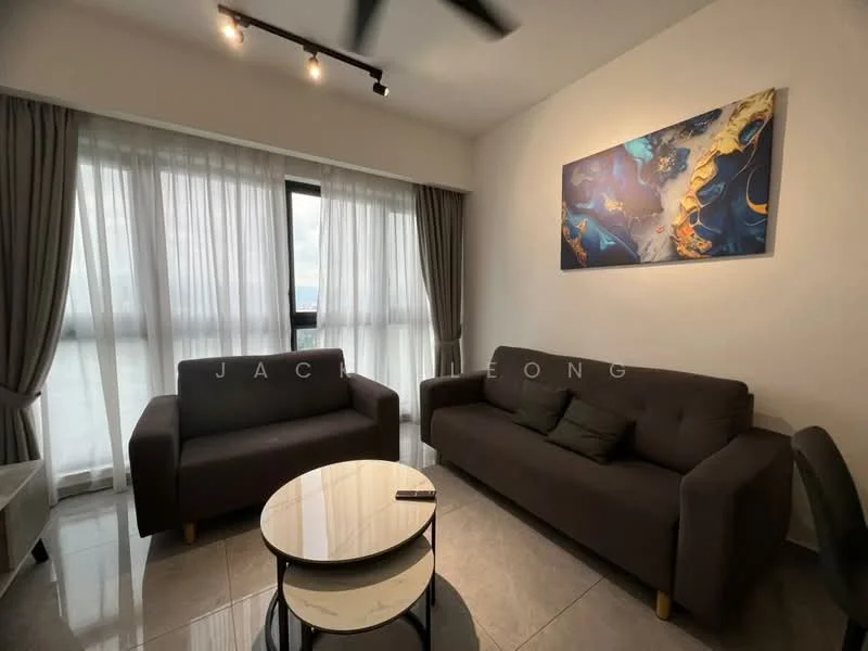 Living features: 2-seater fabric sofa in dark grey, 2-seater fabric sofa in dark grey, round coffee table with marble top, floor-to-ceiling windows with sheer curtains, recessed downlights, wall-mounted artwork, grey wall, tile flooring, ceiling fan; style: modern; view: city.
