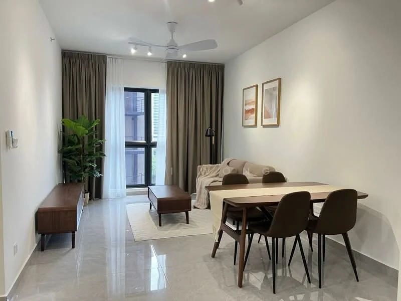 Living features: grey fabric sofa, wooden coffee table, 6-seater dining table, upholstered dining chairs, floor-to-ceiling windows, sheer curtains, recessed downlights, ceiling fan, decorative wall art, indoor plant, light-colored walls, marble tile flooring; style: modern; view: garden.