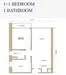 Floor plan: 1-bedroom 1-bathroom unit; features: open-plan kitchen-dining-living, master bedroom with ensuite bathroom, utility room, central foyer.