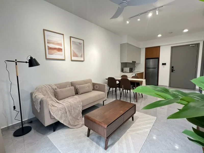 Living features: 3-seater fabric sofa in beige, wood coffee table, floor lamp with black shade, framed artwork on walls, light grey walls, recessed downlights, ceiling fan, marble tile flooring, dining table with 4 chairs, kitchen area with built-in cabinets, stainless-steel fridge, microwave; style: modern.