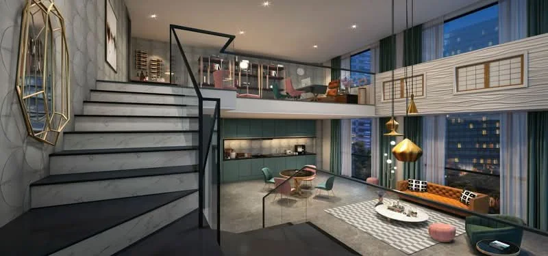 Living features: double-height ceiling, floor-to-ceiling windows, grey area rug, gold pendant light, orange sofa, black coffee table, green cabinetry, glass dining table, upholstered dining chairs, decorative wall art, shelving unit with wine storage, concrete flooring, curtains with green and white pattern; style: modern; view: city. Staircase features: black metal railing, concrete steps, wall-mounted decorative mirror; style: modern.