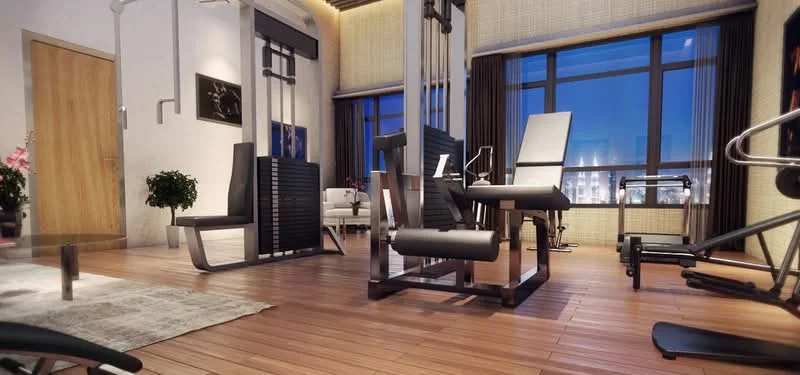 Room features: wooden flooring, large windows with city view, exercise equipment, multi-station gym machine, weight bench, area rug, potted plant, recessed lighting, modern decor, wall art, sofa, coffee table; style: modern; view: city.