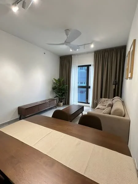 Living features: light grey fabric sofa, wooden coffee table, dark wood sideboard, floor-to-ceiling window, sheer curtains, dark brown curtains, ceiling fan, decorative wall art, indoor plant, recessed lighting, tile flooring, white painted walls; style: modern.