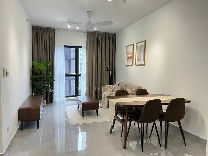 Living features: 3-seater fabric sofa in beige, wooden coffee table, 6-seater dining table, upholstered dining chairs, floor-to-ceiling windows, sheer curtains, ceiling fan, decorative wall art, green indoor plant, light-colored walls, marble tile flooring, area rug; style: modern; view: garden.