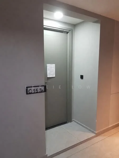 Room features: grey painted walls, white ceiling, recessed downlights, light-colored tile flooring, door with a grey finish, door number plate, paper notice on door, black wall switch; style: modern.