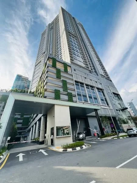 Exterior type: high-rise condominium; features: glass curtain wall, greenery on facade, projecting balconies, double-volume main lobby, driveway with interlocking pavers, surrounded by mature greenery; style: modern.
